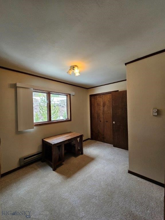 interior space featuring a baseboard heating unit, light colored carpet, ornamental molding, and a textured ceiling