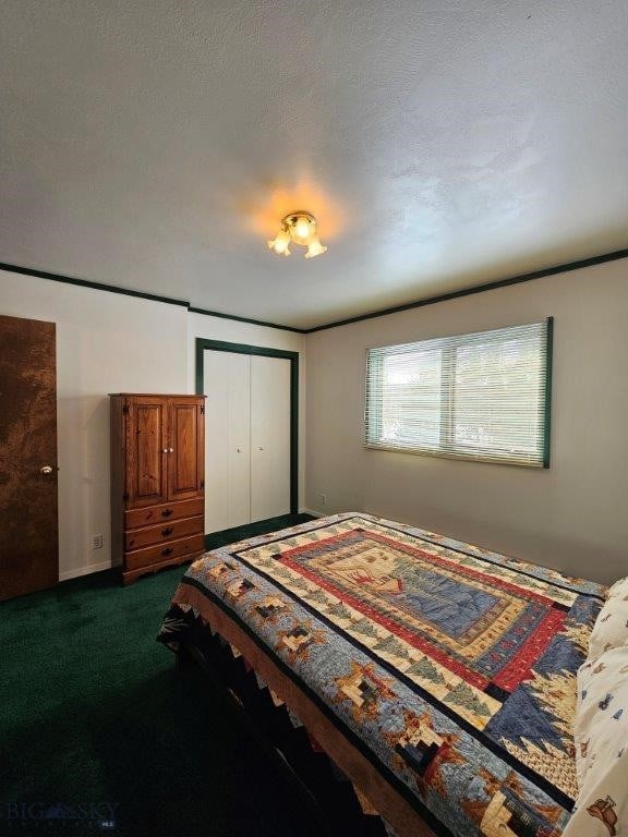 bedroom featuring a textured ceiling, dark colored carpet, and a closet