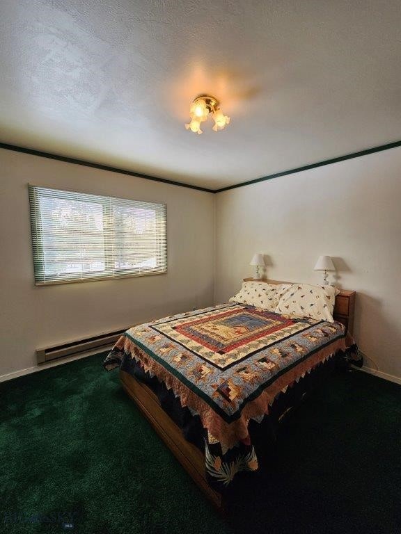 carpeted bedroom with a baseboard radiator and baseboards