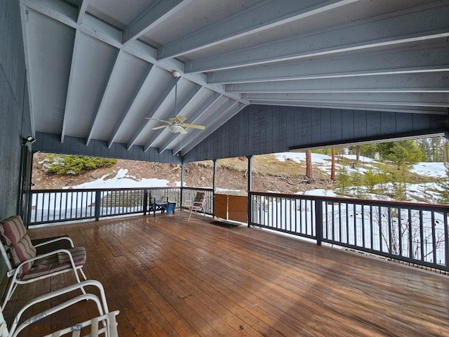 snow covered deck with ceiling fan