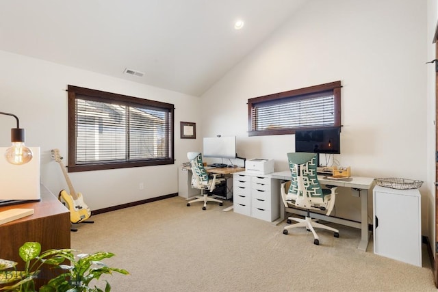 office featuring baseboards, visible vents, carpet flooring, high vaulted ceiling, and recessed lighting