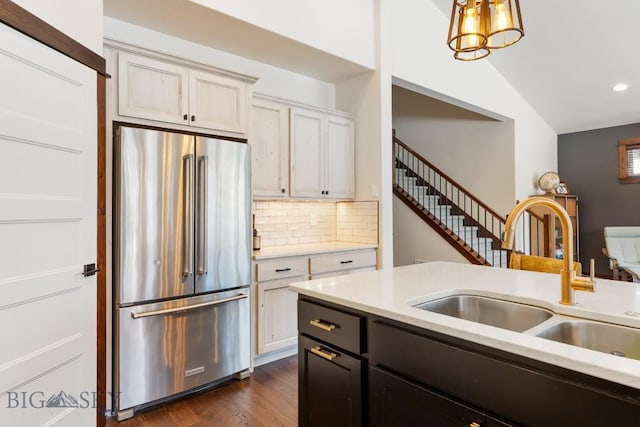 kitchen with dark wood-style floors, light countertops, backsplash, high quality fridge, and a sink