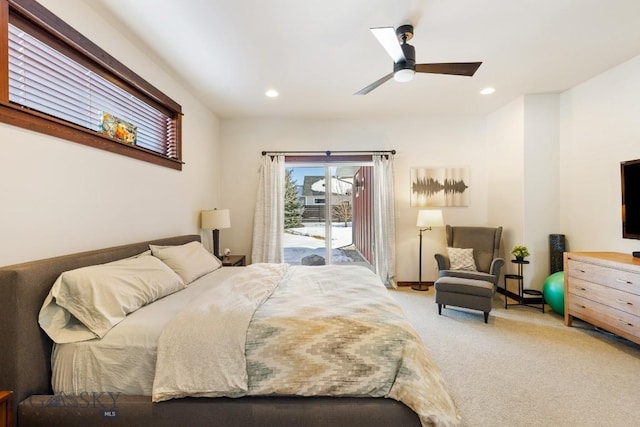 carpeted bedroom featuring access to exterior, baseboards, a ceiling fan, and recessed lighting