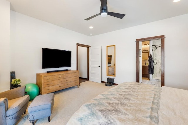 bedroom featuring recessed lighting, a ceiling fan, and light colored carpet