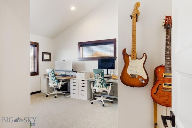 office space with carpet, vaulted ceiling, and recessed lighting