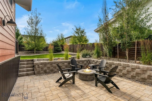 view of patio / terrace featuring a fenced backyard and a fire pit