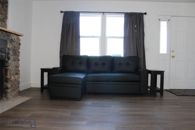 living room with a fireplace, baseboards, and wood finished floors