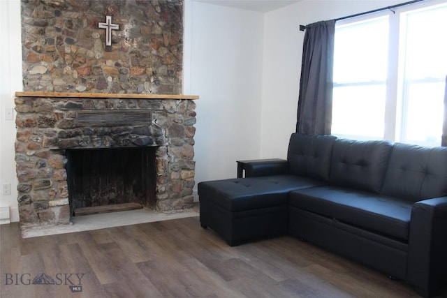 living room with a stone fireplace, a wealth of natural light, and wood finished floors