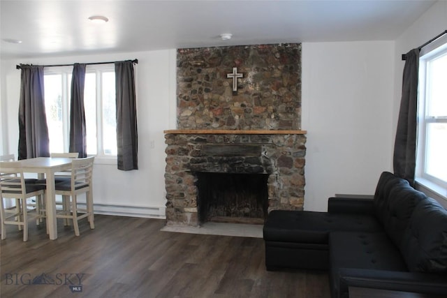 living room featuring a fireplace, wood finished floors, and a healthy amount of sunlight