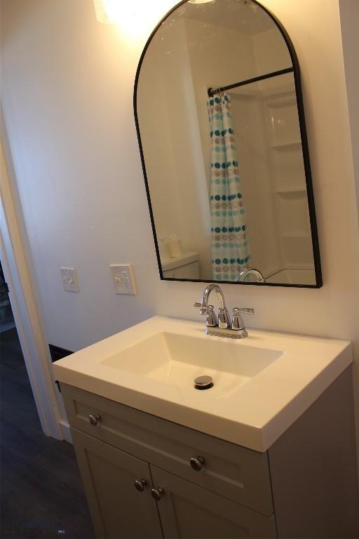 bathroom with a shower with curtain and vanity