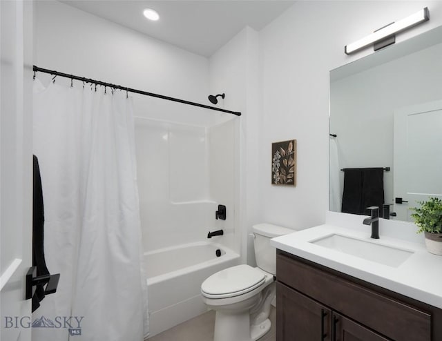 full bathroom featuring toilet, shower / tub combo, and vanity