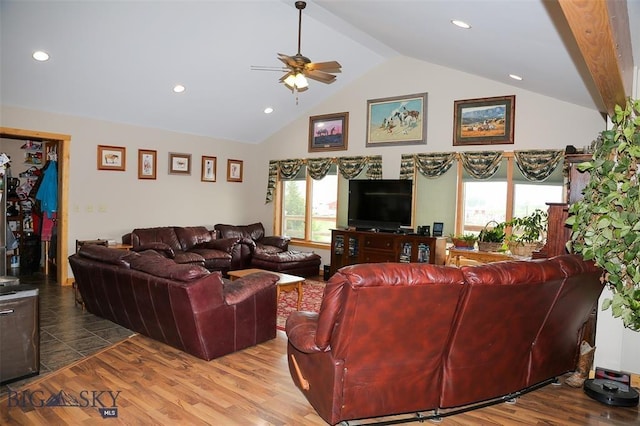 living room featuring high vaulted ceiling, a ceiling fan, recessed lighting, and wood finished floors