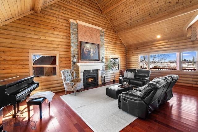 living area featuring high vaulted ceiling, a stone fireplace, wooden ceiling, and wood-type flooring