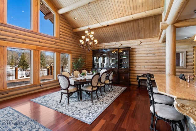 dining area with high vaulted ceiling, beam ceiling, dark wood-type flooring, and a notable chandelier