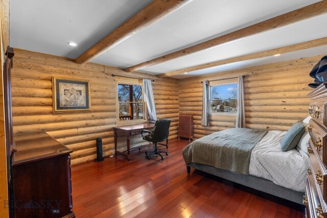 bedroom featuring dark wood-style floors, recessed lighting, beam ceiling, and log walls