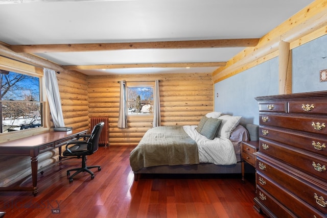 bedroom featuring dark wood-style flooring, beamed ceiling, and log walls