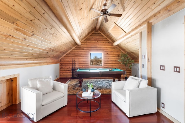 rec room featuring log walls, pool table, lofted ceiling with beams, wooden ceiling, and hardwood / wood-style flooring