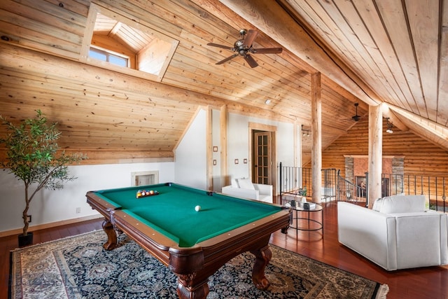 recreation room featuring log walls, wood-type flooring, lofted ceiling with beams, wood ceiling, and billiards