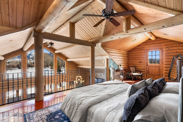 bedroom featuring high vaulted ceiling, wooden ceiling, hardwood / wood-style floors, and beamed ceiling