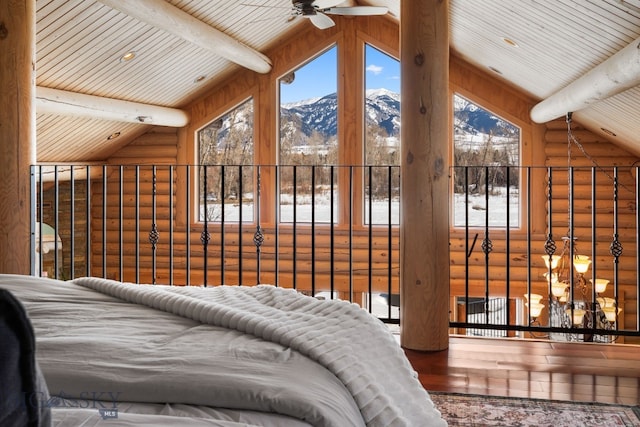 bedroom featuring wood ceiling, recessed lighting, a mountain view, and vaulted ceiling with beams