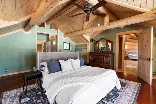 bedroom featuring rustic walls, baseboards, lofted ceiling with beams, wood-type flooring, and wood ceiling