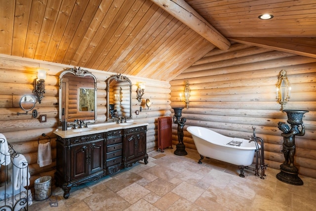 full bath with vaulted ceiling with beams, double vanity, a soaking tub, a sink, and wooden ceiling