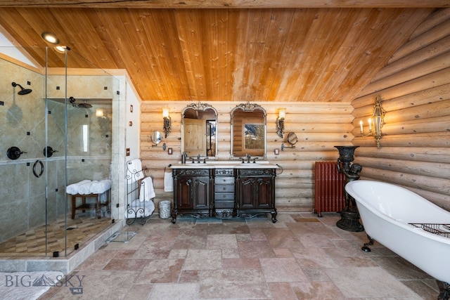 bathroom featuring double vanity, a stall shower, a soaking tub, wood ceiling, and vaulted ceiling