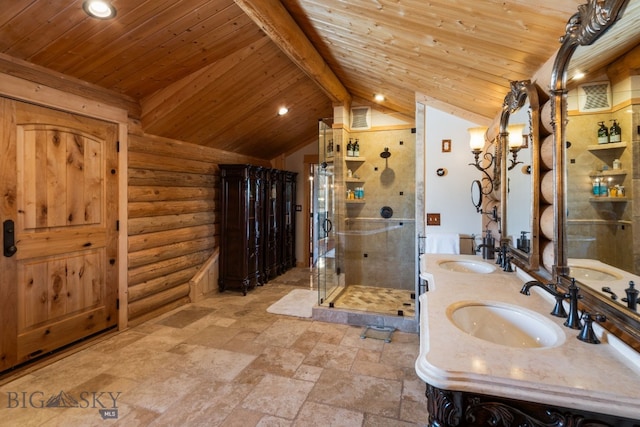 full bathroom featuring wood ceiling, a shower stall, lofted ceiling with beams, and a sink