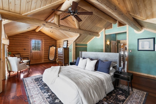 bedroom with vaulted ceiling with beams, hardwood / wood-style flooring, wooden ceiling, and rustic walls