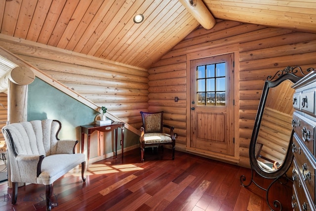 unfurnished room with vaulted ceiling with beams, wooden ceiling, log walls, and dark wood finished floors