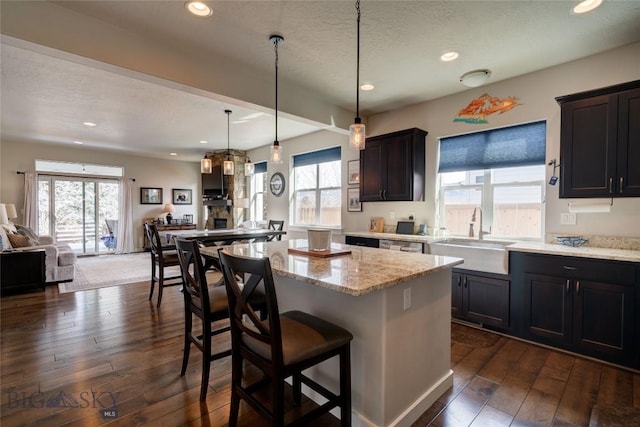 kitchen with a sink, a wealth of natural light, open floor plan, and dark wood-style flooring