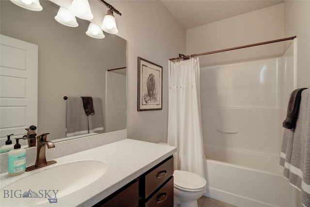 bathroom featuring vanity, toilet, shower / bathtub combination with curtain, and tile patterned flooring