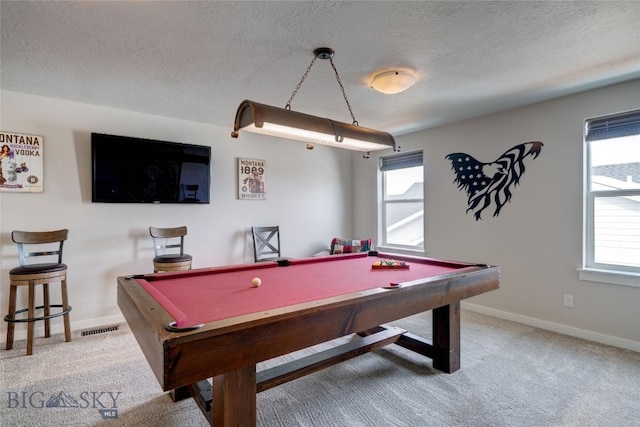 recreation room with visible vents, a textured ceiling, billiards, and carpet floors