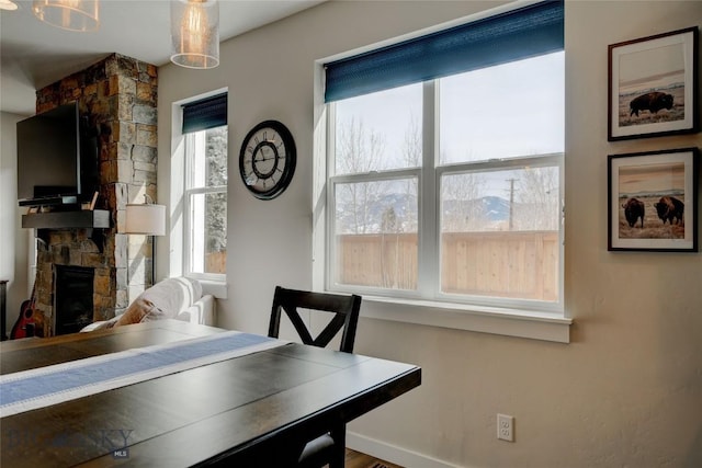 dining room with a fireplace