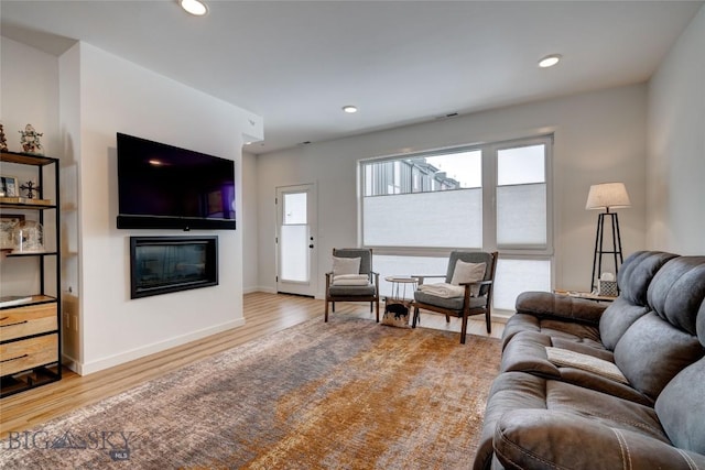 living room with a wealth of natural light, wood finished floors, and a glass covered fireplace