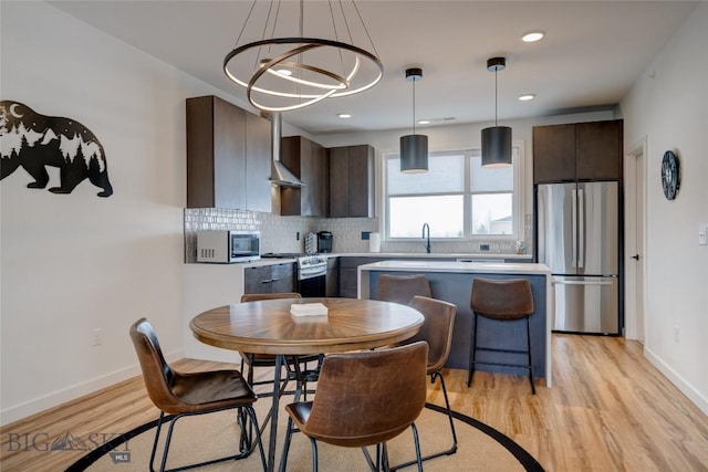 kitchen with light wood finished floors, dark brown cabinetry, light countertops, decorative backsplash, and appliances with stainless steel finishes