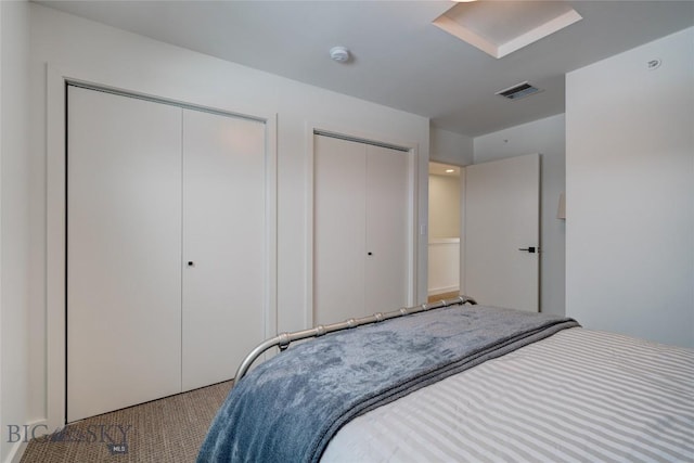 bedroom featuring carpet, visible vents, and multiple closets