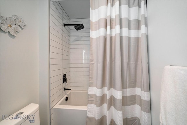 bathroom featuring toilet and shower / bathtub combination with curtain