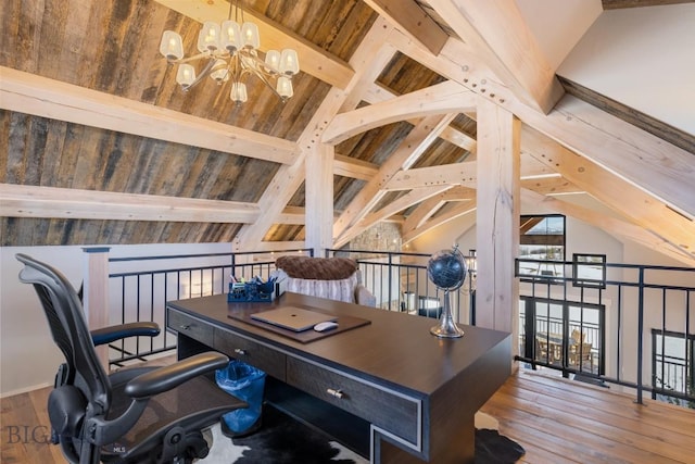 office with lofted ceiling with beams, a chandelier, and hardwood / wood-style flooring