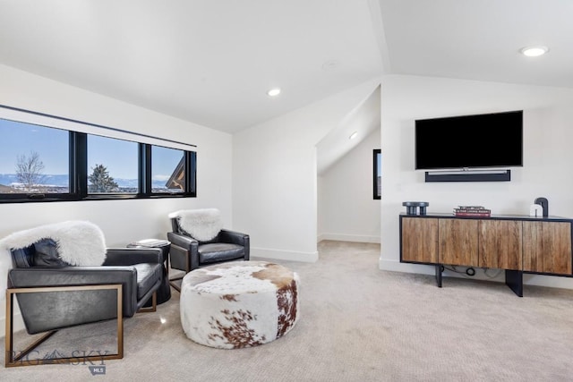 living area featuring recessed lighting, light colored carpet, baseboards, and vaulted ceiling