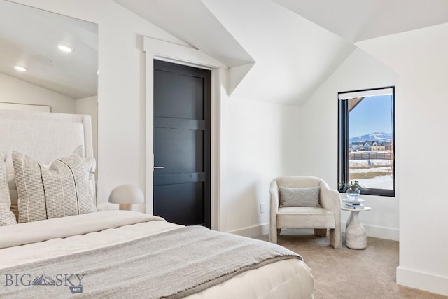 carpeted bedroom featuring lofted ceiling, recessed lighting, and baseboards