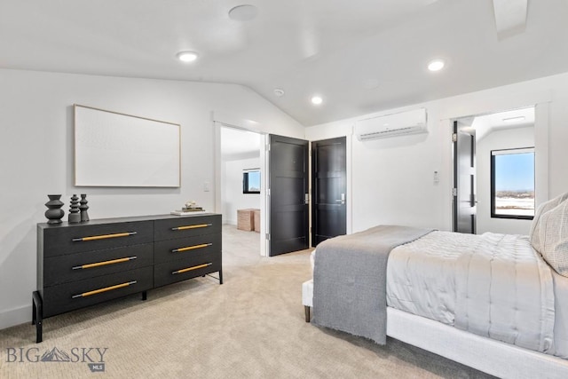 bedroom featuring recessed lighting, light colored carpet, vaulted ceiling, and a wall mounted AC