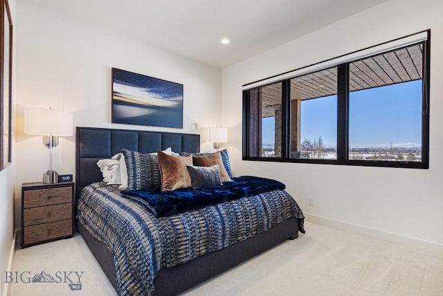 bedroom featuring recessed lighting, baseboards, and carpet flooring