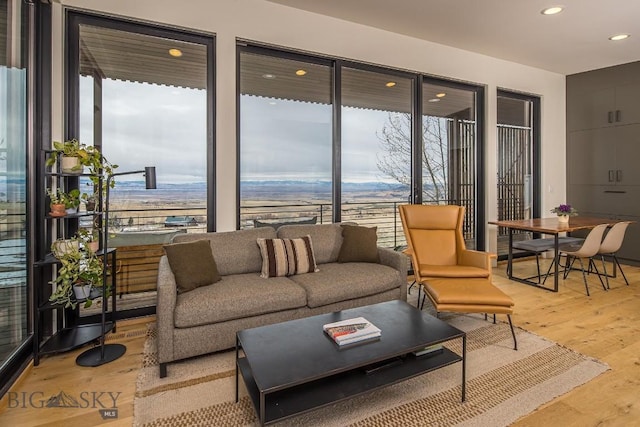 living room featuring light wood finished floors and recessed lighting