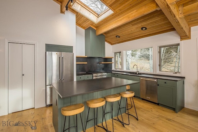 kitchen with a sink, dark countertops, high quality appliances, and green cabinetry