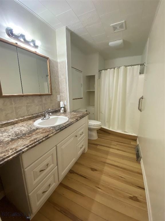 209 2nd St E, Whitehall, MT 59759 - bathroom with wood-type flooring, toilet, vanity, curtained shower, and decorative backsplash