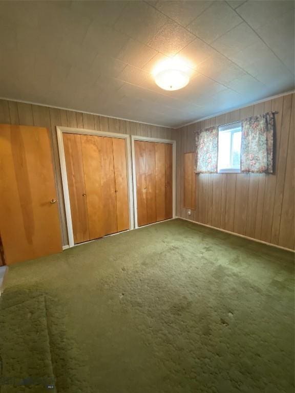 209 2nd St E, Whitehall, MT 59759 - unfurnished bedroom with two closets, wood walls, and carpet floors