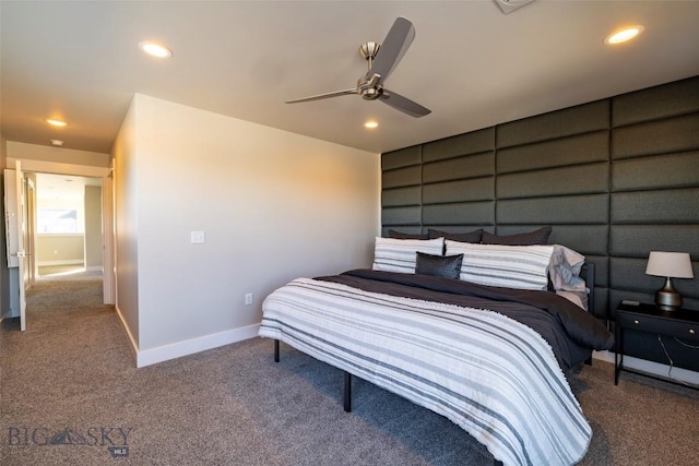 bedroom featuring recessed lighting, baseboards, carpet, and a ceiling fan