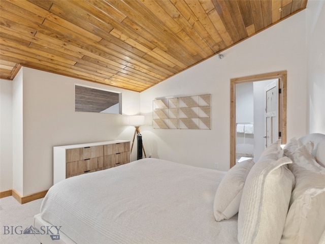 bedroom featuring baseboards, light colored carpet, wood ceiling, and vaulted ceiling