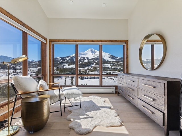 living area with light wood-type flooring and a mountain view